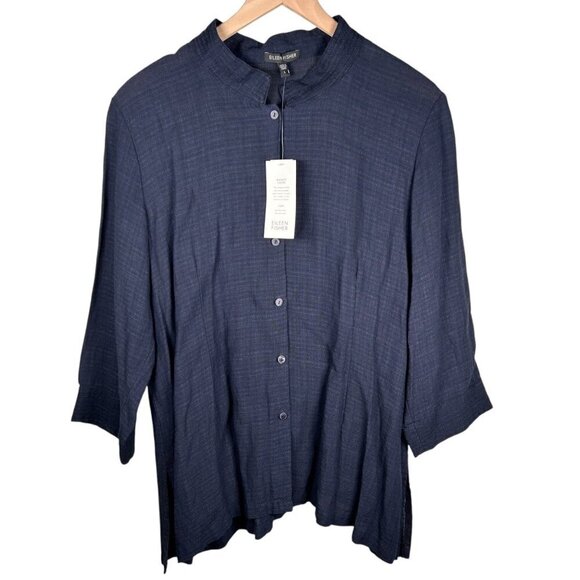 Eileen Fisher Basket Weave Crepe Size Large Blouse Linen Lightweight Designer